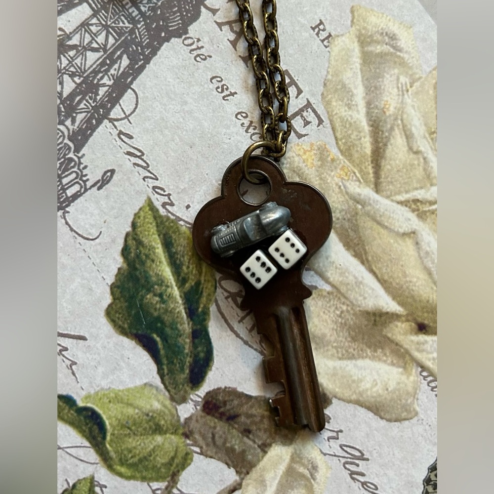 Vintage Key and dice and roadster Pendant Necklace